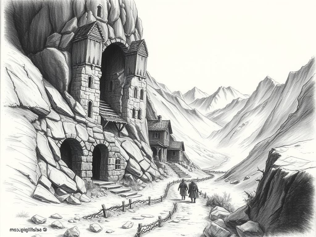 Medieval Dwarven Settlement Amidst Rocky Mountains