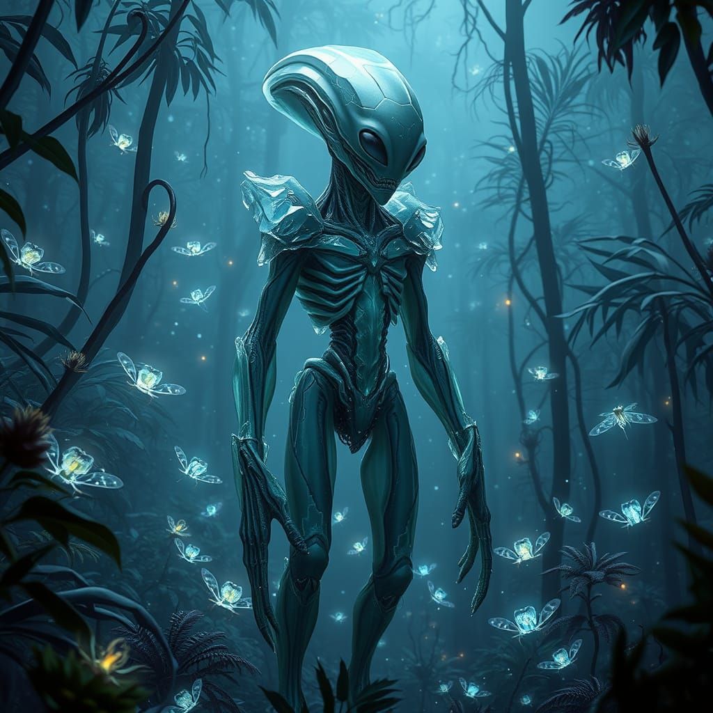 Crystalline Alien Lifeform in Bioluminescent Jungle