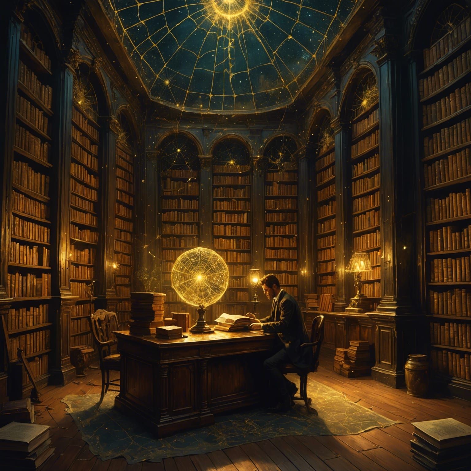 Mysterious Ancient Library with Golden Sparkles