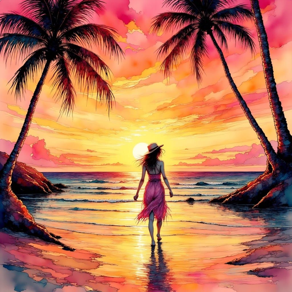 Sunset Beach Scene in Pop Art Style