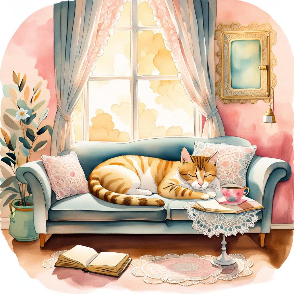 Dreamy Watercolour: Sleeping Cat in Cosy Home