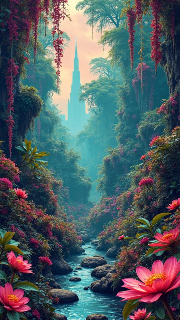 Vibrant Alien Jungle in Abstract Fractal Style