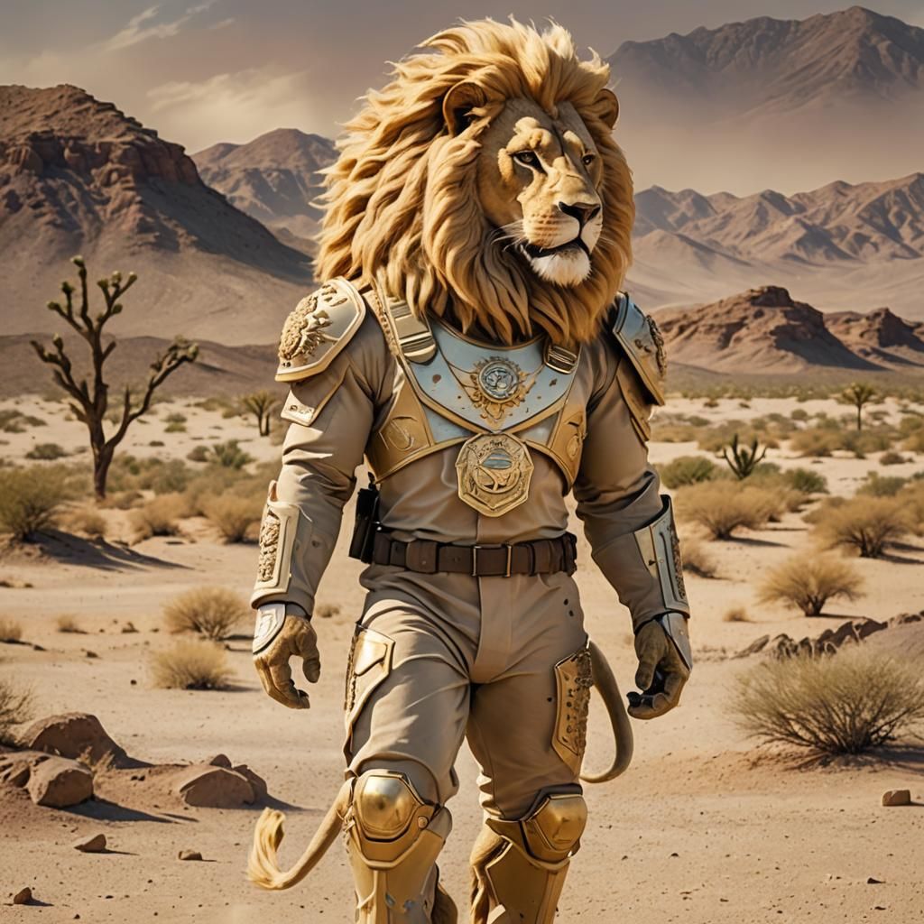 A regal, anthropomorphic lion standing 7 feet tall with a broad, muscular build, his golden mane flowing wildly in the d...