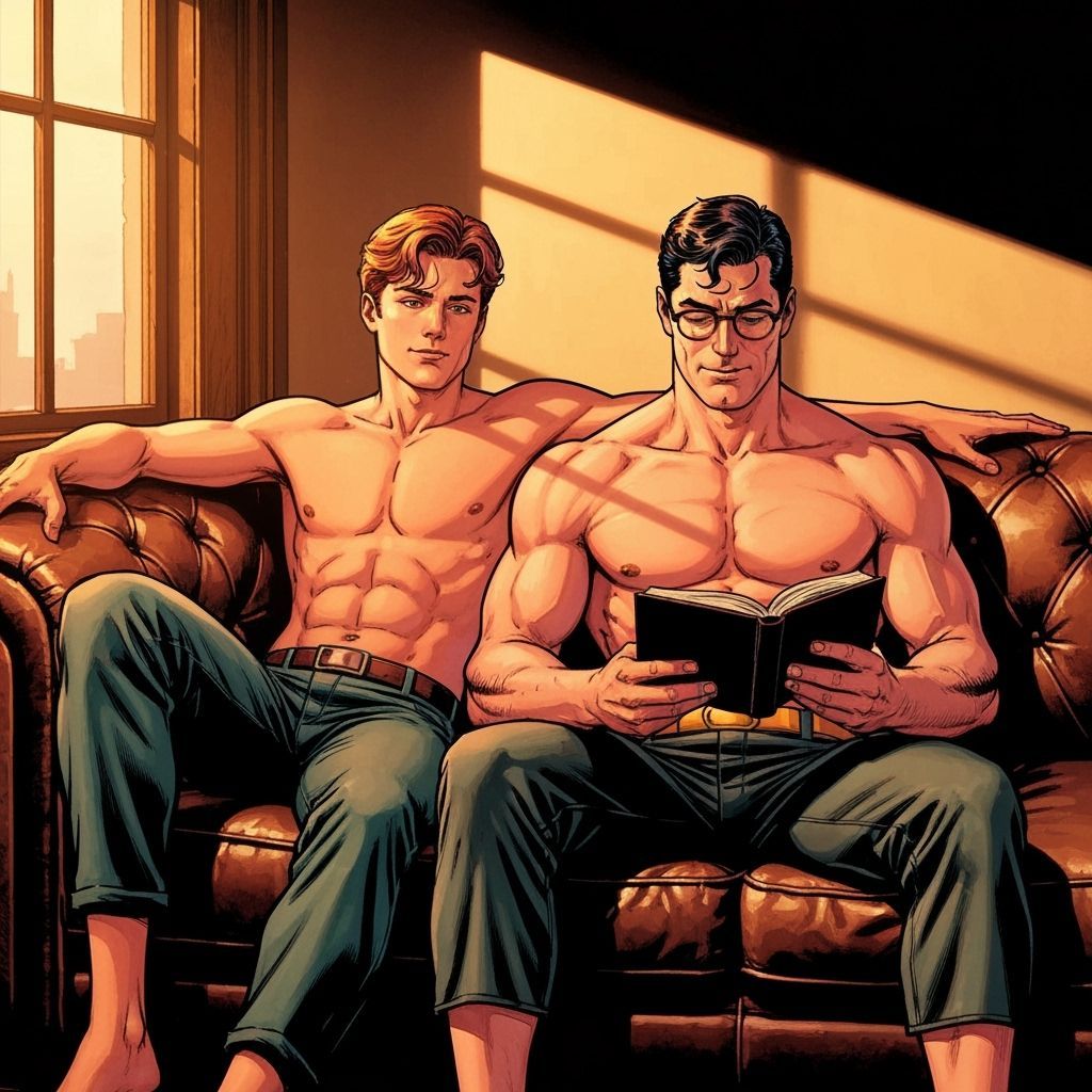 Clark Kent and Jimmy Olsen Relaxing on Couch in Comic Art St...
