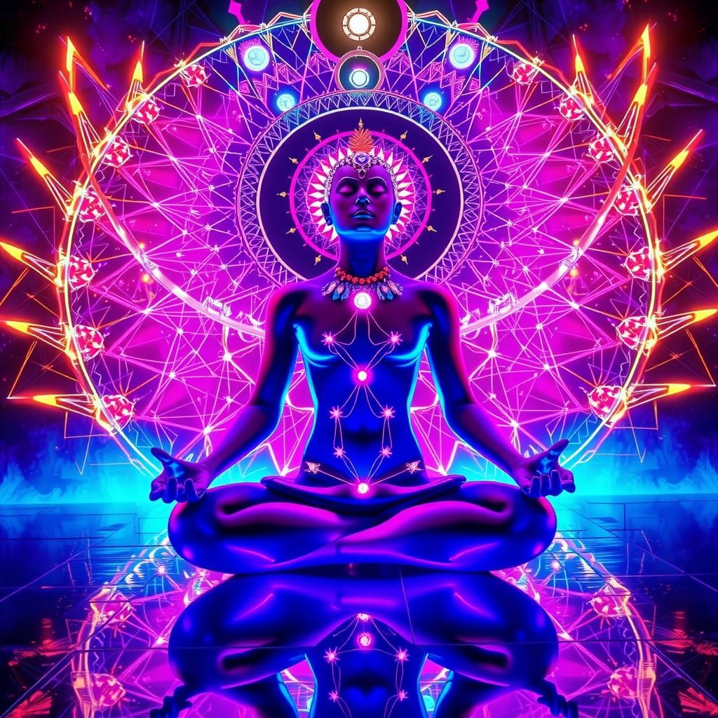 Astral Being in Lotus Pose with Geometric Patterns