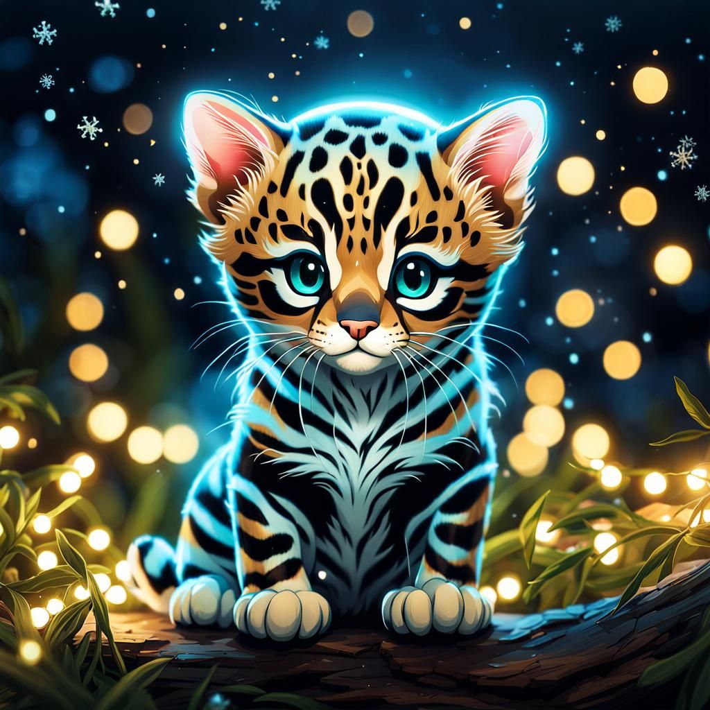 Bioluminescent Kitten in Snow Globe: Hyperrealistic Detail