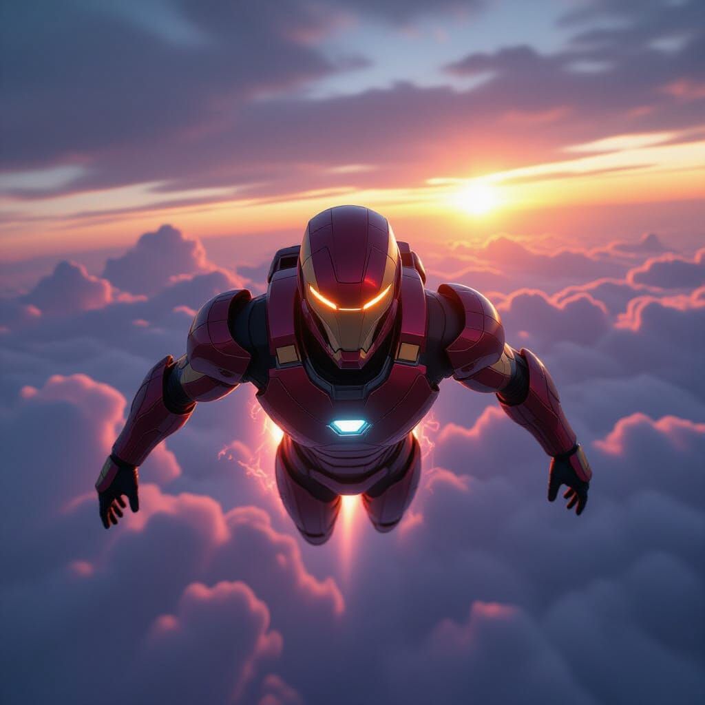 Futuristic Guardian Soars Through Glowing Twilight Clouds