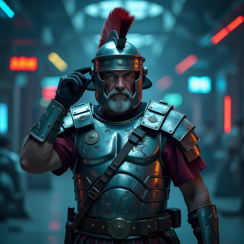 Roman Centurion boards Futuristic Spaceport