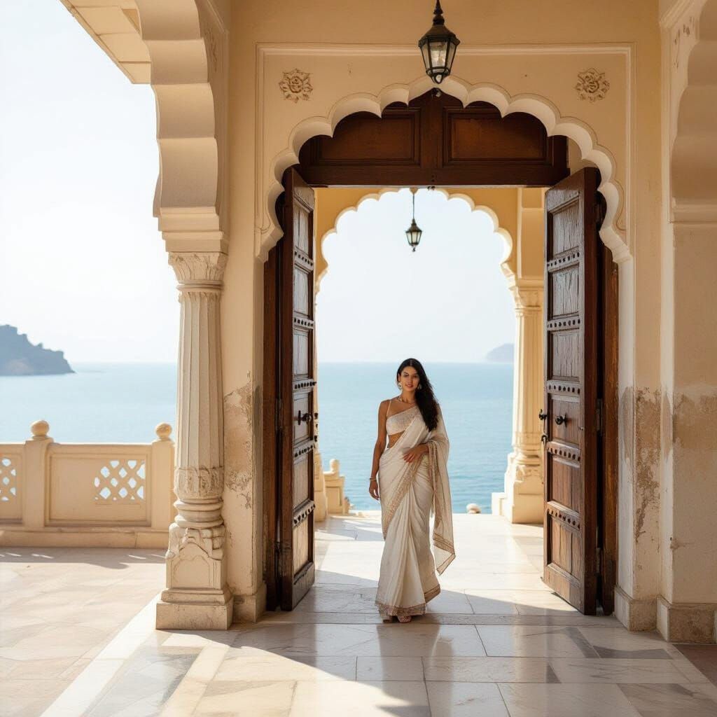 Woman in White Sari at Ocean Gate, Earth Tones