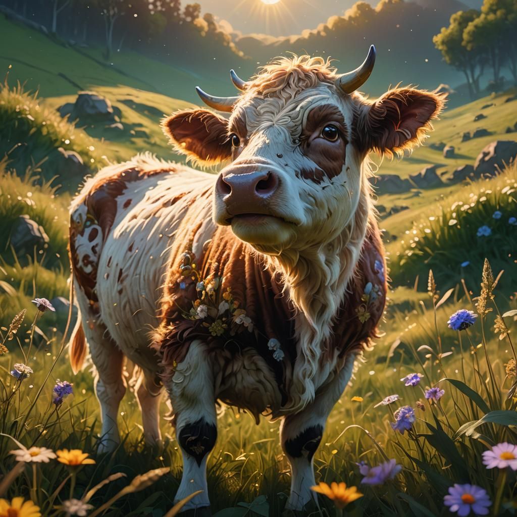 Fluffy Cow in Lush Meadow: 3D Animation