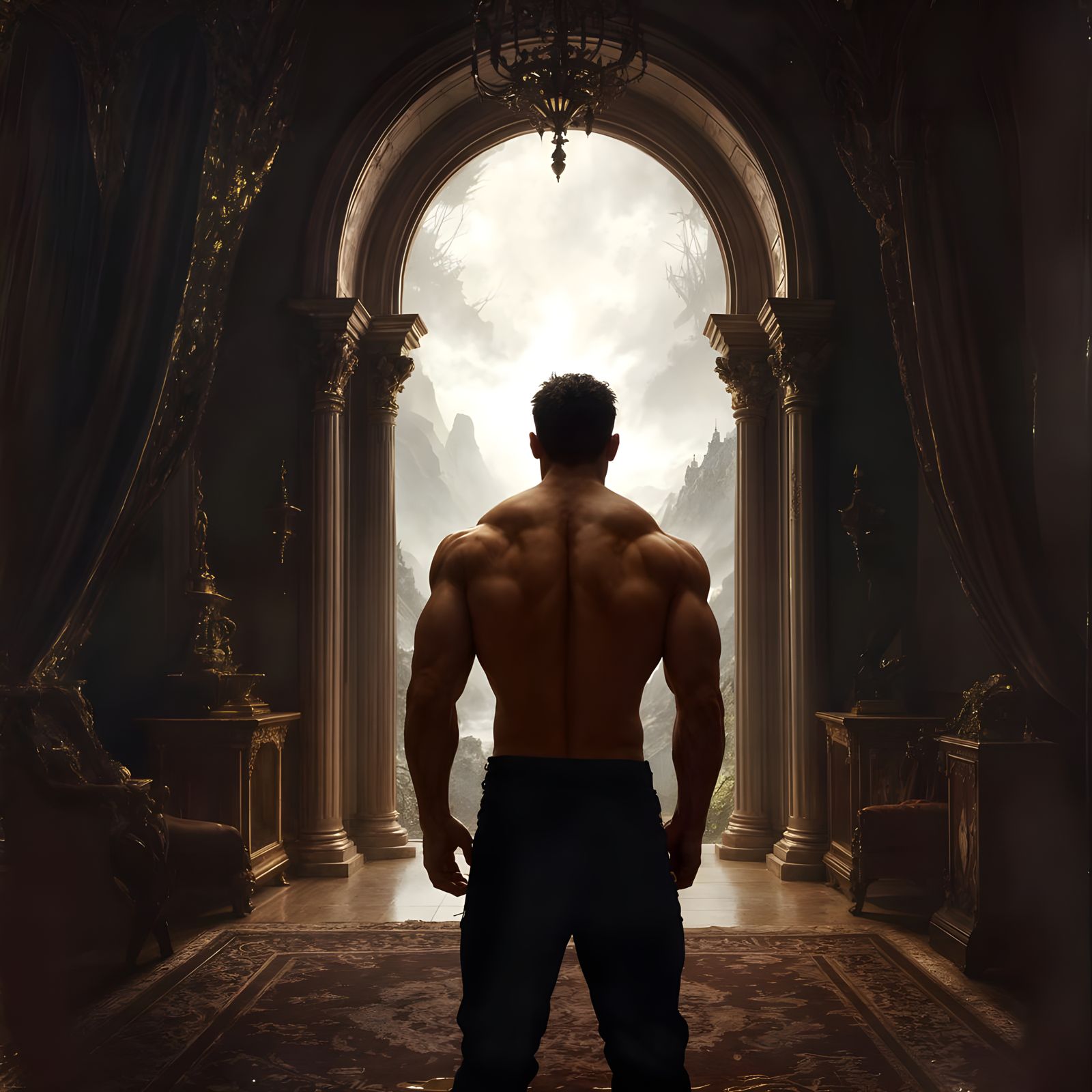 Muscular Figure in Opulent Ballroom Overlooking Stormy Lands...