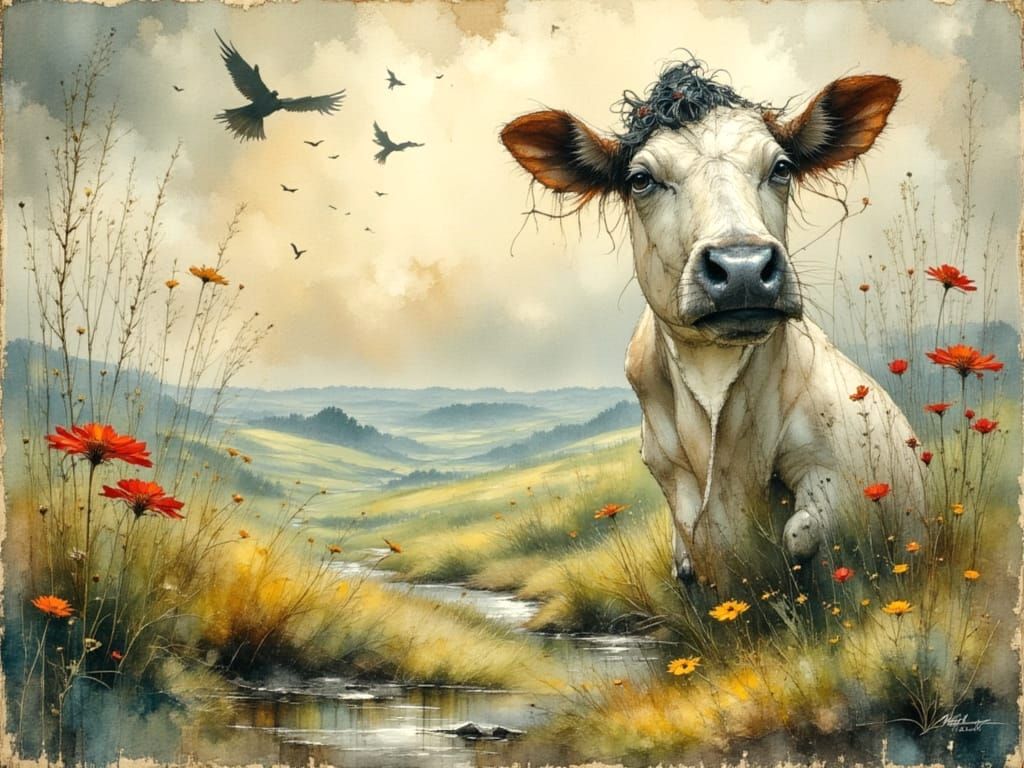 Whimsical Cow Inspired by Naive Art