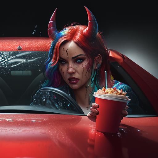 Devil at McDonald's: Hyperrealistic Splash Art