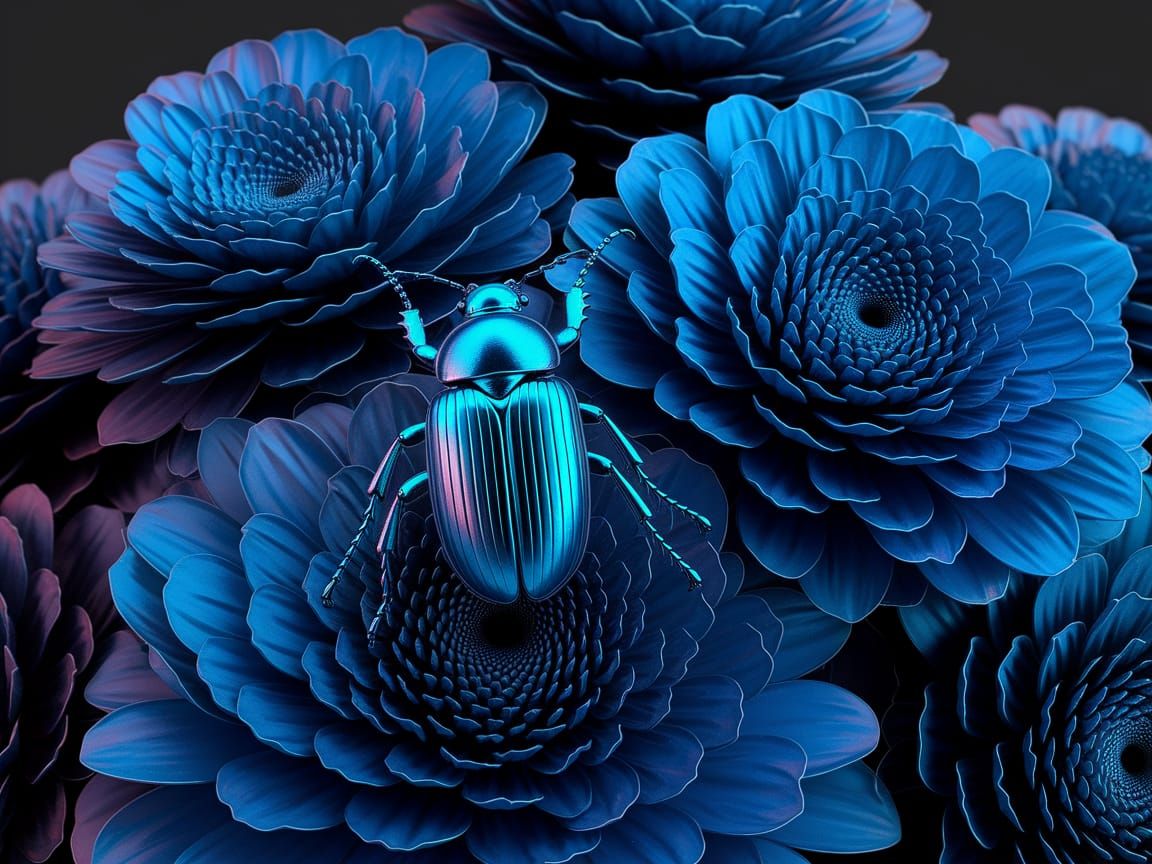 Surreal Blue Beetle Amidst Whimsical Blooms in Abstract Macr...