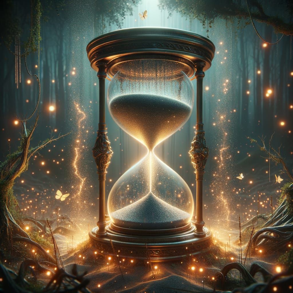 Hourglass in Enchanted Forest with Fireflies: 3D Render