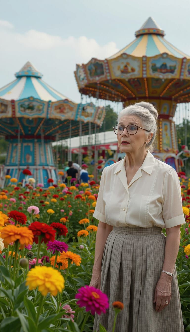 Surprised Grandma with Rides in Yard, Cinematic Style
