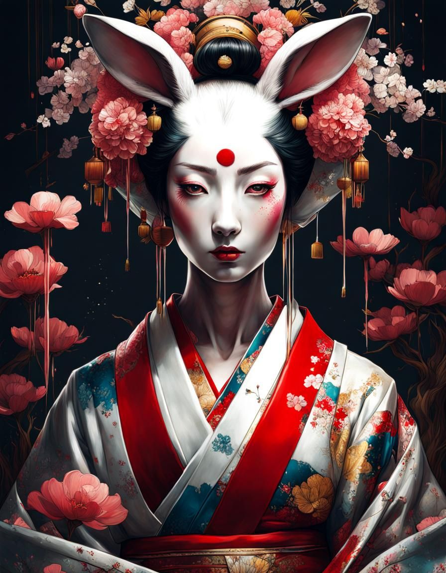 Hyperdetailed Bunny Geisha Portrait in Blossoms
