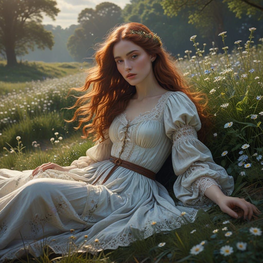 Dreamy Pre-Raphaelite Maiden in Vibrant Meadow