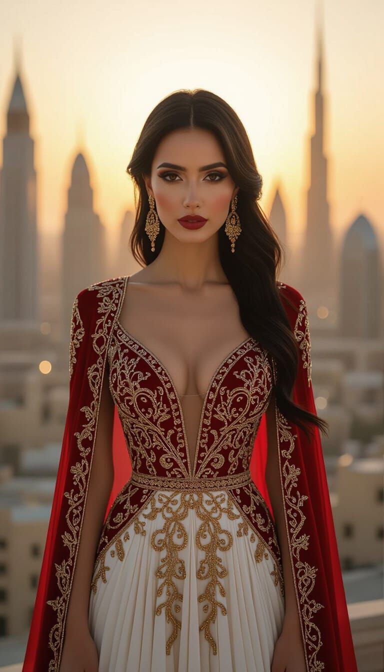 Middle Eastern Woman in Cinematic Cityscape at Golden Hour