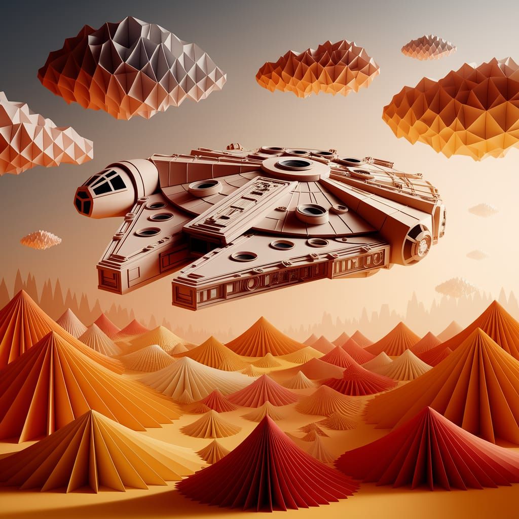 Origami Millennium Falcon Soars Through Pastel Geometric Sky