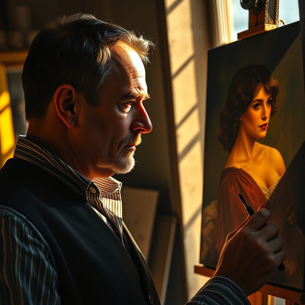 Artist Paints Woman Portrait in Sunlit Studio