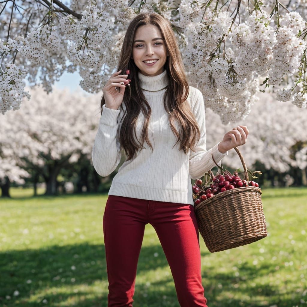 Woman Picking Cherries on a Sunny Afternoon
