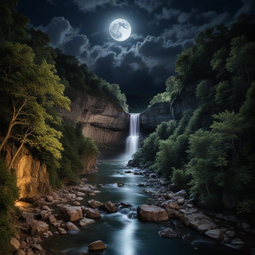 Moonlit River Gorge with Waterfalls and Trees at Night