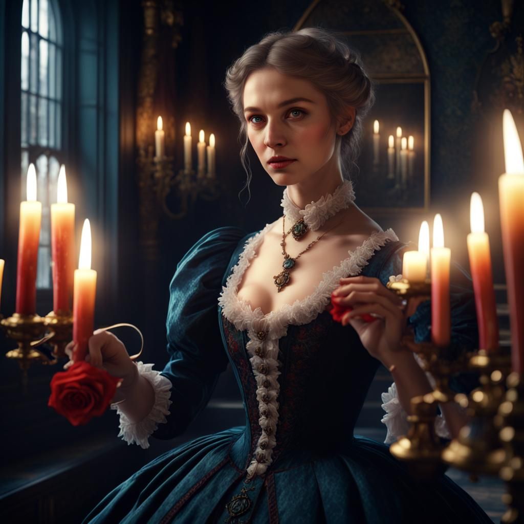 Victorian Woman with Flower in Candlelight