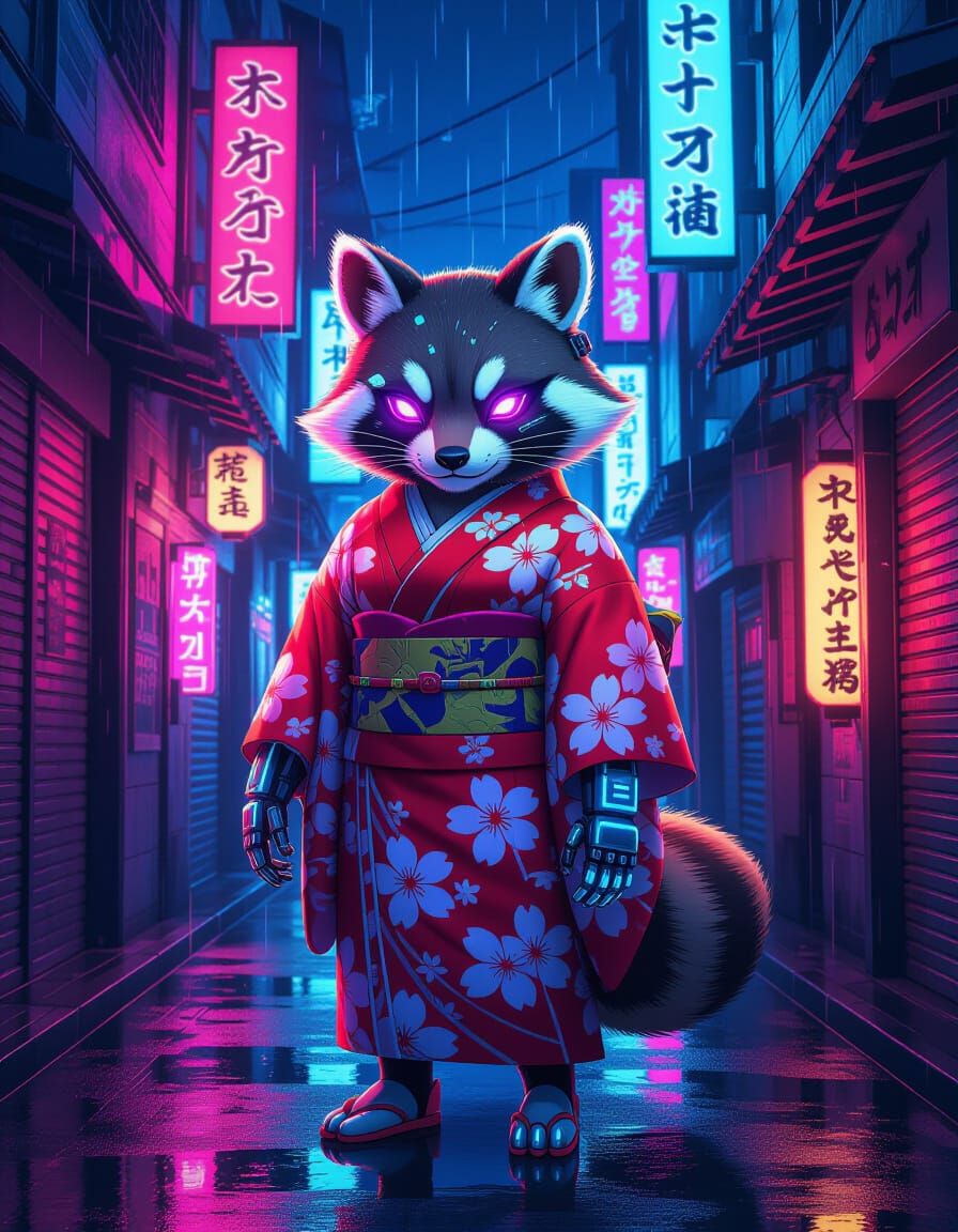 Cyberpunk Tanuki in Kimono, Tokyo Alleyway in Anime Style