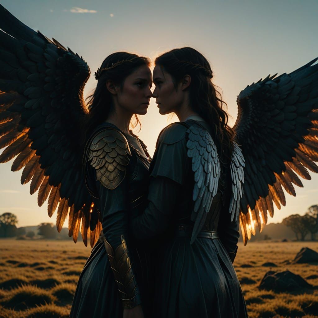 Epic Angels Stand Back to Back in Dramatic Low-Angle Shot