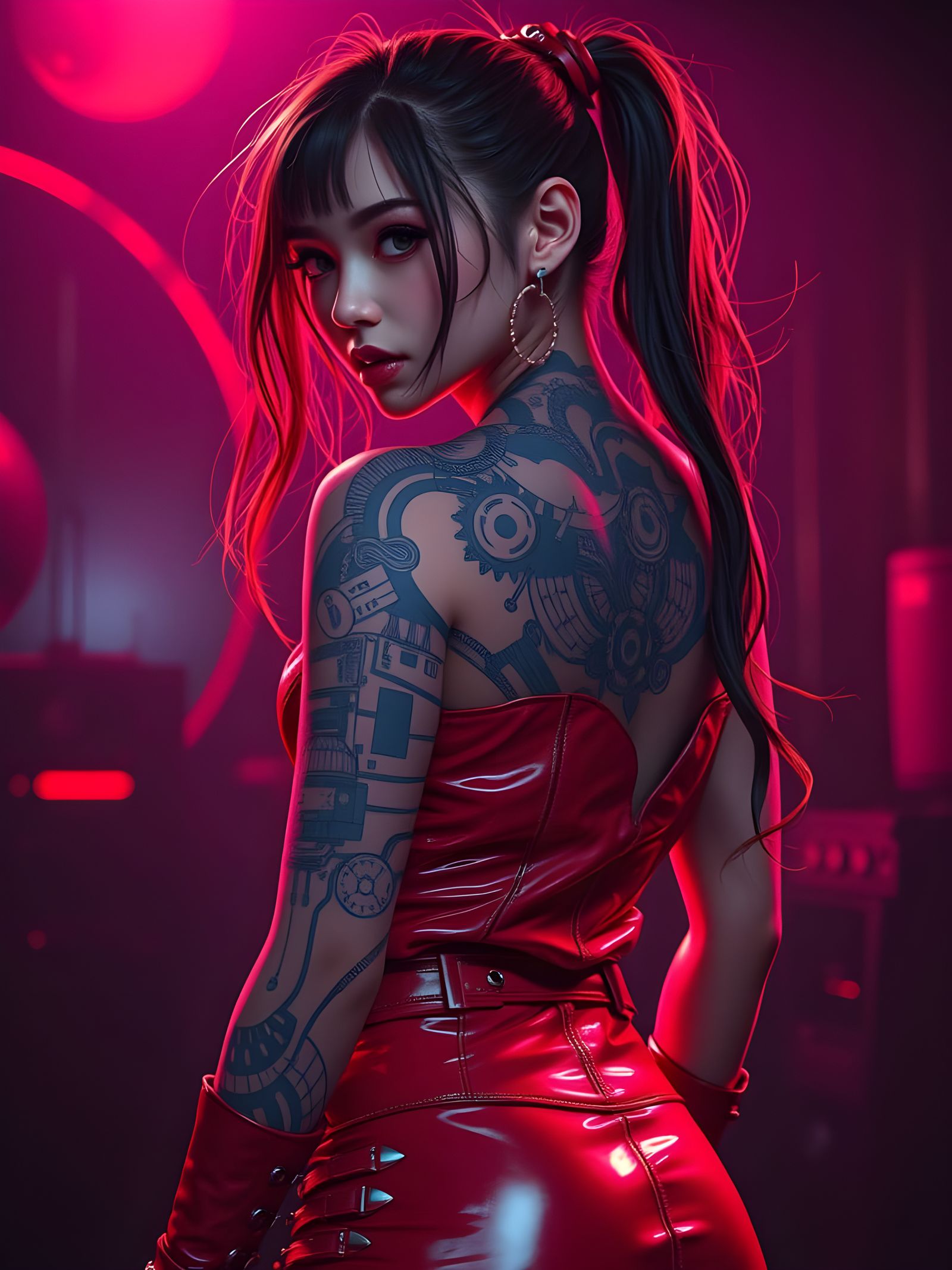 Cyberpunk Woman with Electronic Tattoo in Dramatic Lighting