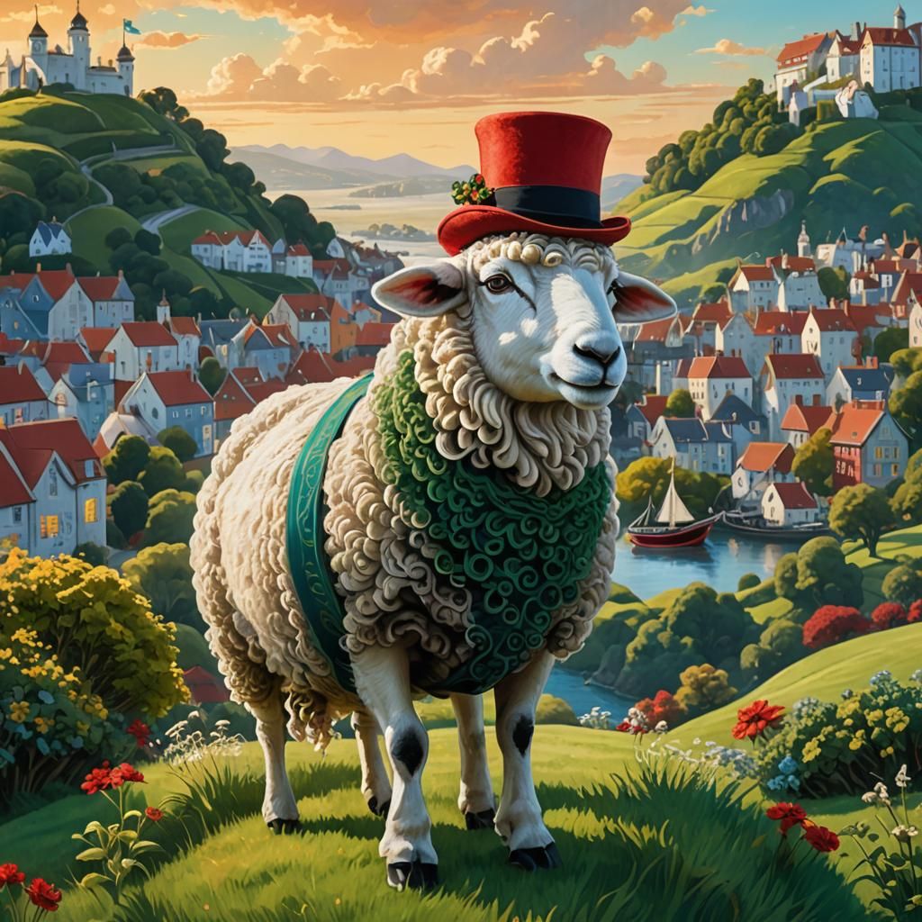 Sheep with Top Hat at Sunset: Impressionist Style
