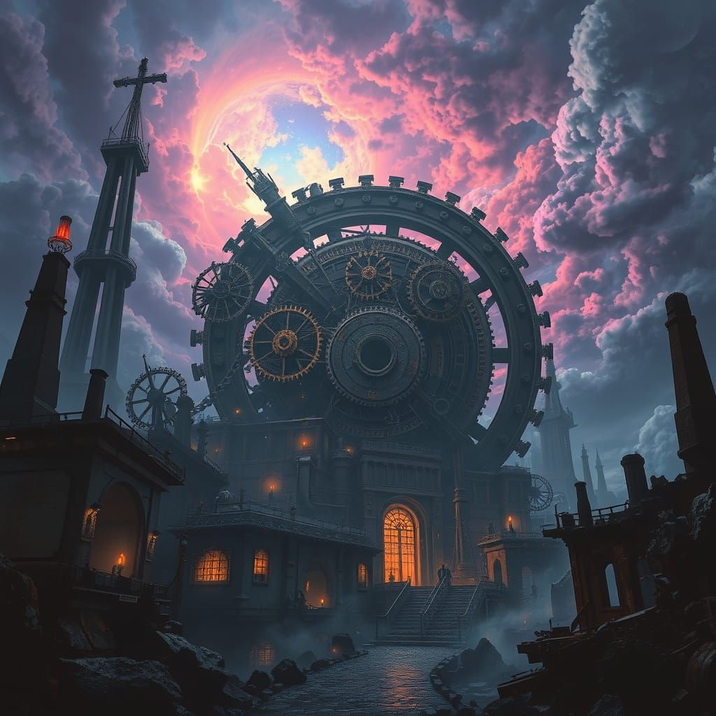 Clockwork Chaos: Ruins and Gears in Stormy Skies