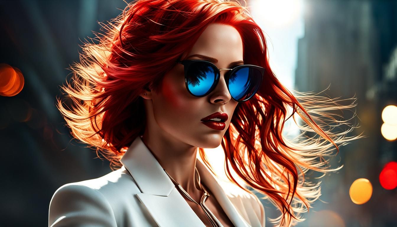 Redhead in White Suit, Hyperrealistic Digital Watercolor