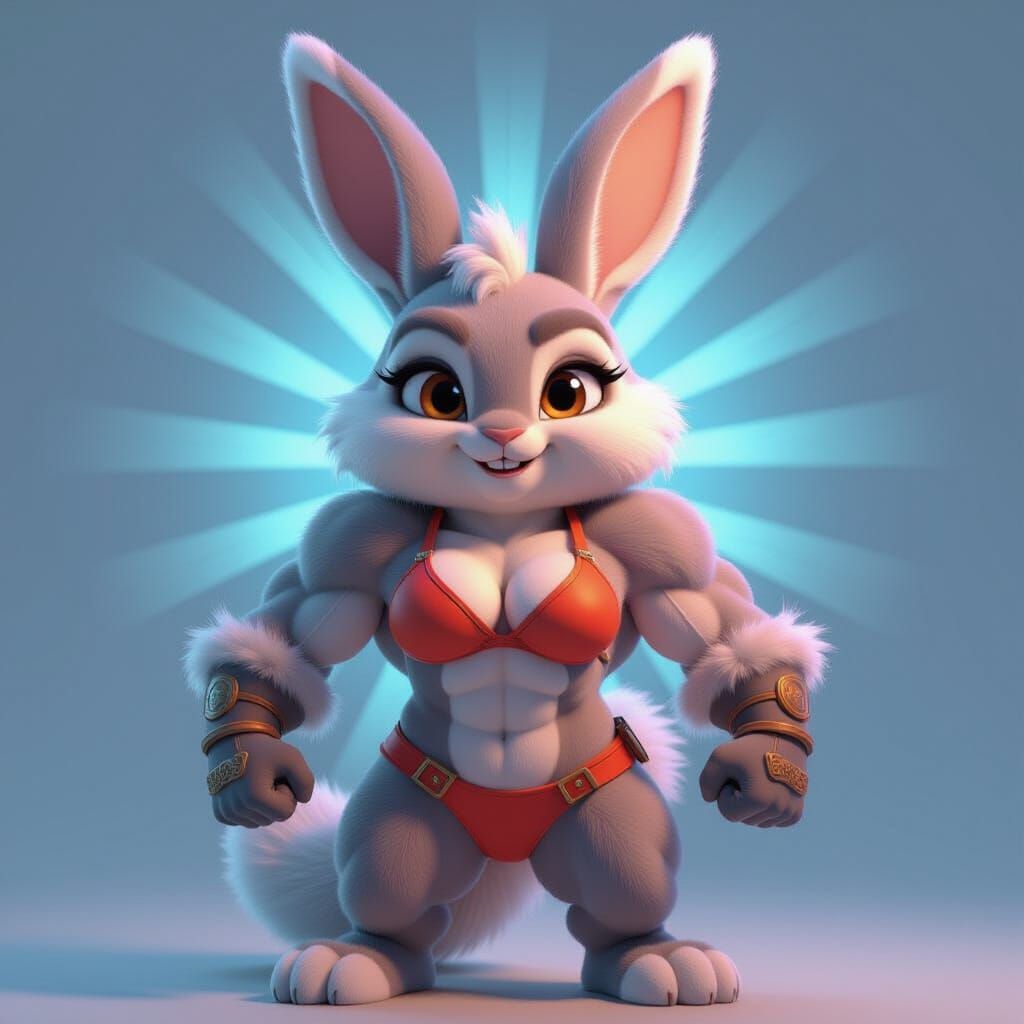 Muscular Rabbit Warrior in Pixar-Style 3D Art