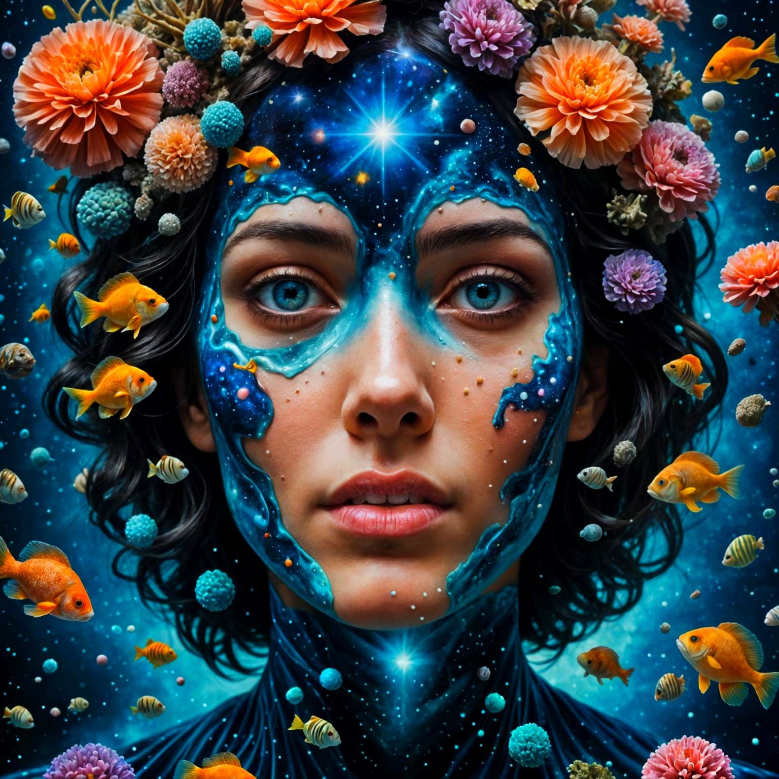 Cosmic Surreal Portrait with Glowing Deep-Sea Ecosystem