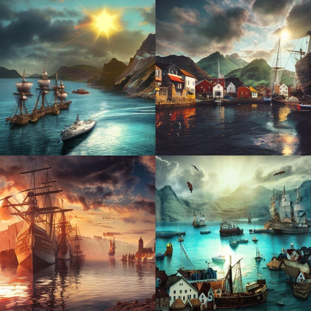 Vibrant Island Port Town in Watercolour Style