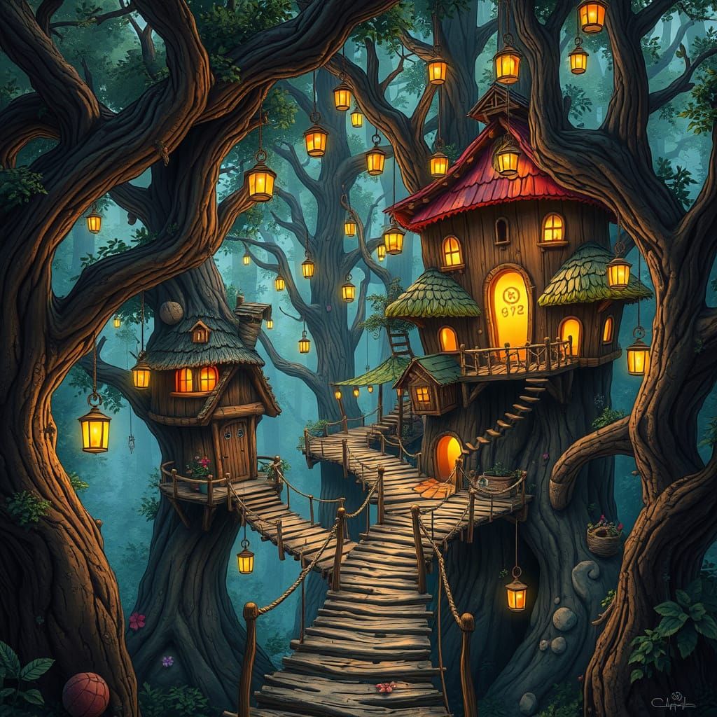 Whimsical Treehouse Village in Enchanted Forest