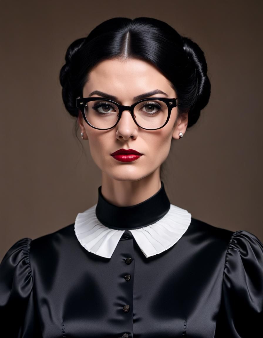 Strict 90s Schoolteacher in Satin Dress