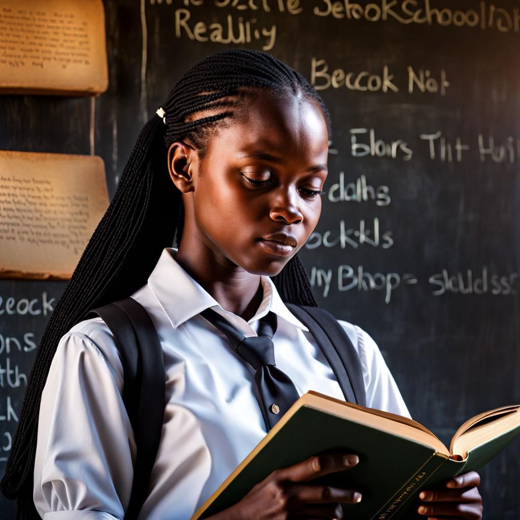 Hyperrealistic Schoolgirl Reading in Rural African School