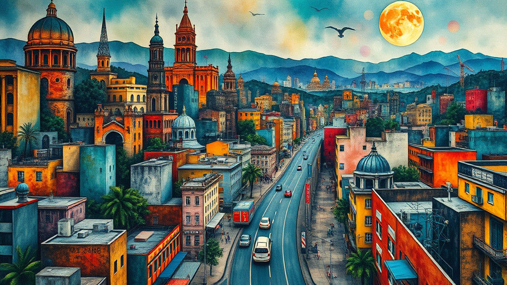 Surreal Mexican Cityscape in Deep Watercolor Style