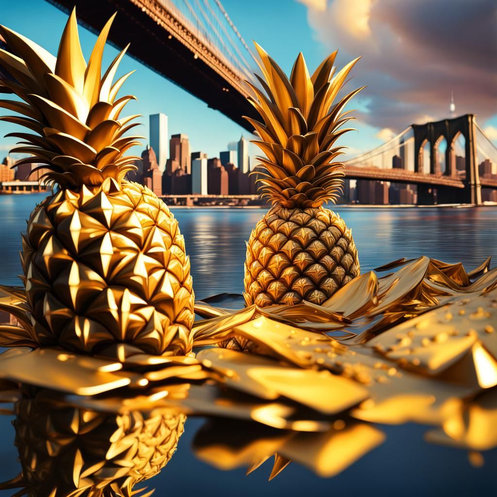 Golden Pineapples Under the Brooklyn Bridge: Hyperrealistic ...