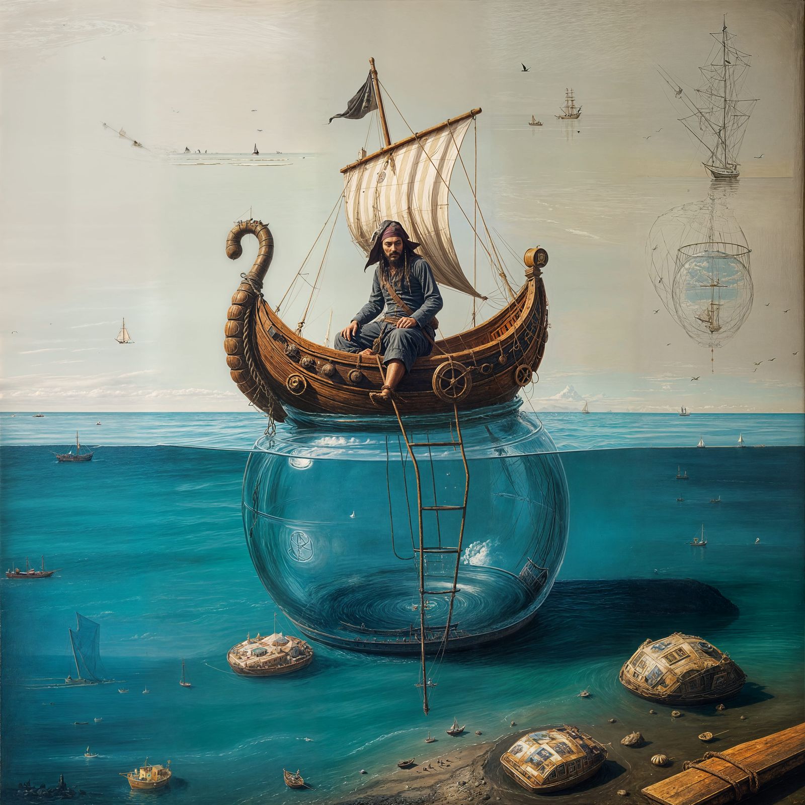 Surreal Pirates Boat in a Jar, Dali Style