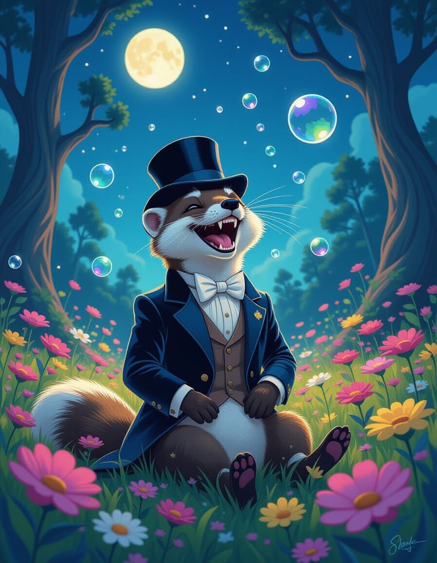 Whimsical Weasel Laughing in Moonlit Meadow