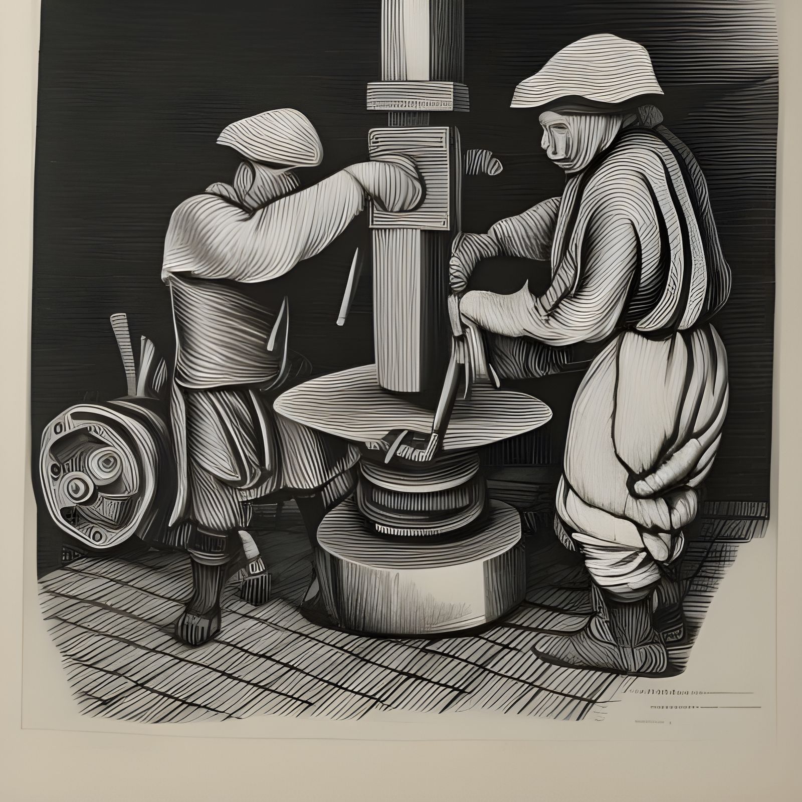 18th Century Workers Forging Wheel in Linocut Style