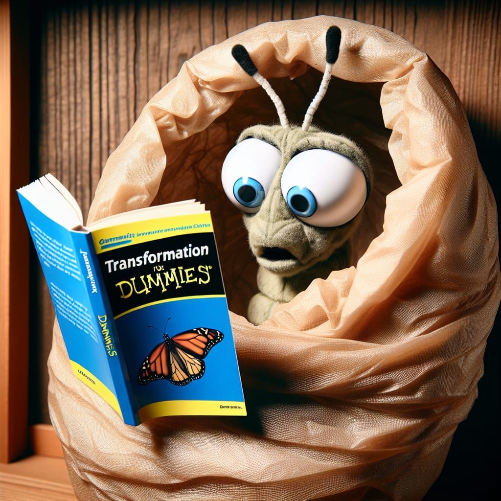 Confused Butterfly Reads Transformation Book in Cocoon