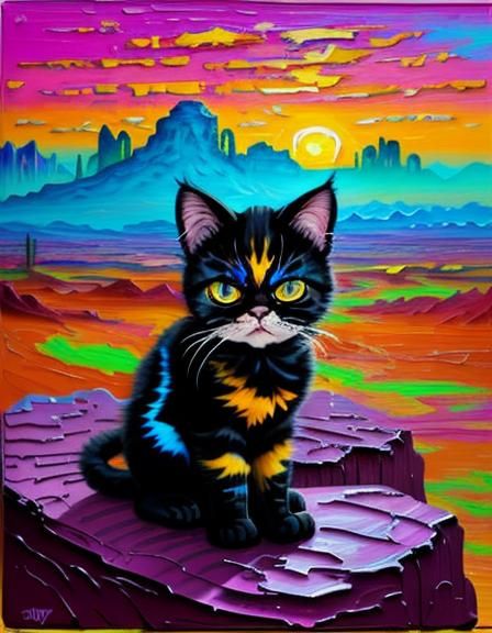 Grumpy Kitten at Sunset in Expressionist Style