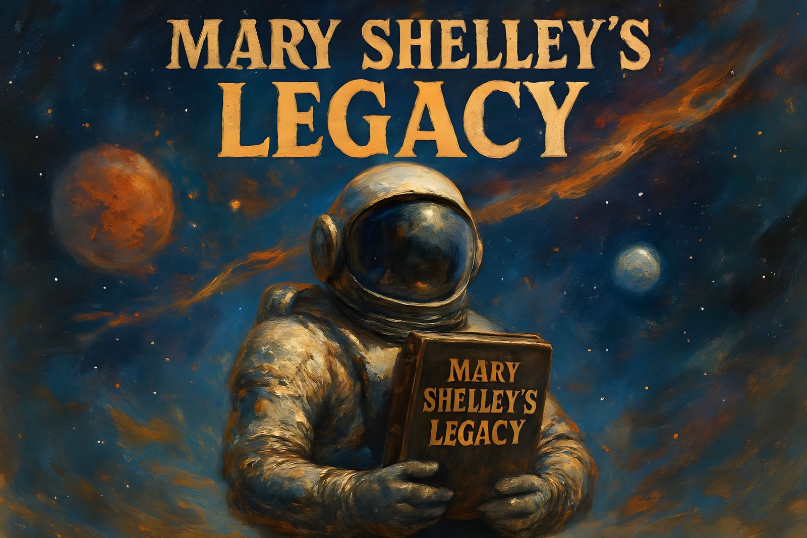 Astronaut Holds "Mary Shelley's Legacy" Book in Cosmic Style