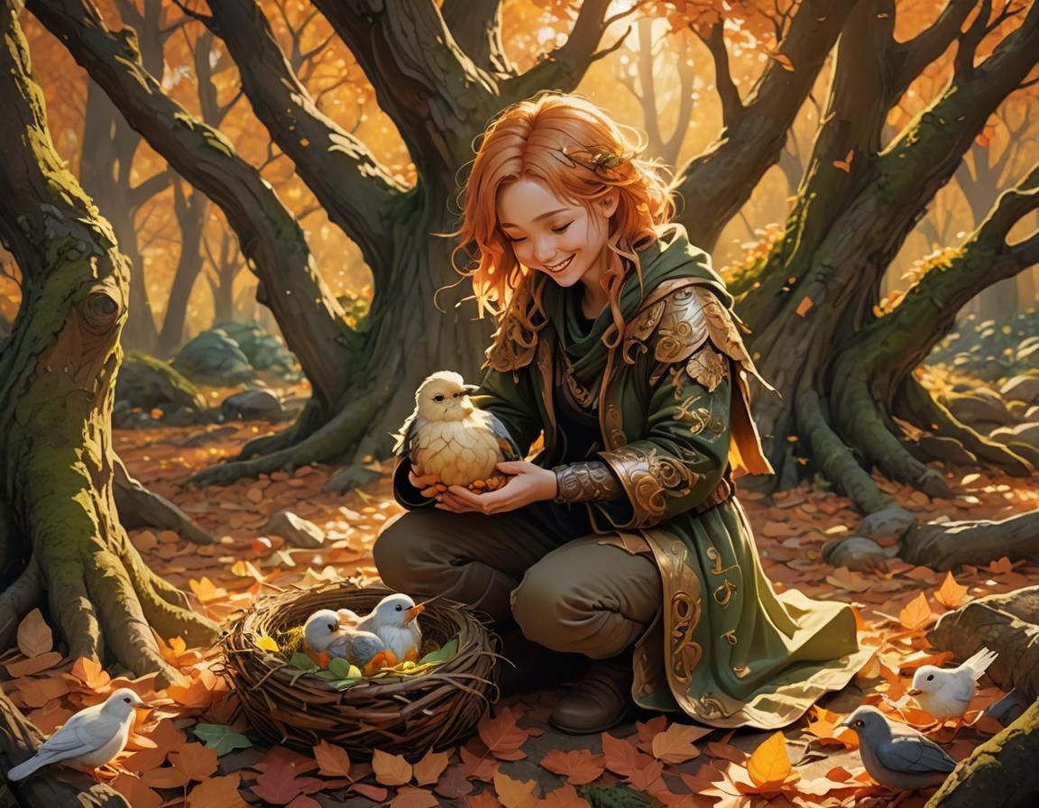 Whimsical Forest Guardian Nurturing a Bird: Digital Art