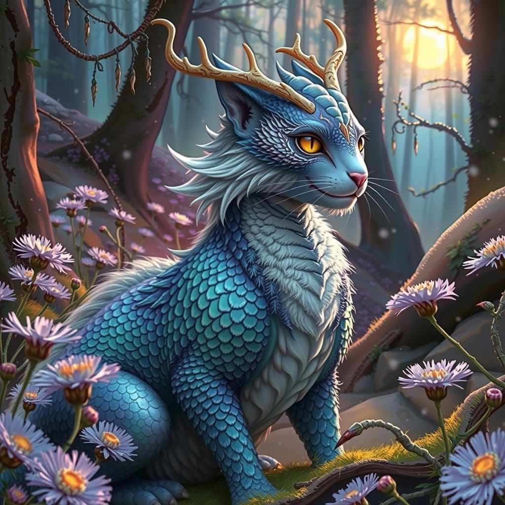 Mystical Dragon-Cat in Winter Forest, Adorned with Twisty An...